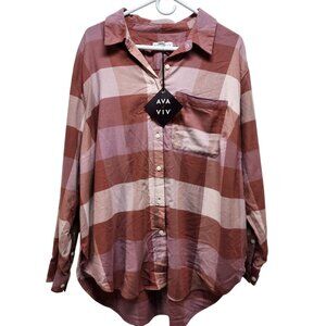 Ava & Viv Size XXL Pink Brown Womens Plaid Button-Down long Sleeve Shirt